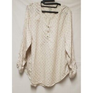 L.L. Bean Long Sleeve Roll Tab Blouse Beige Granny Core Relaxed Fit Sz L PO-Good